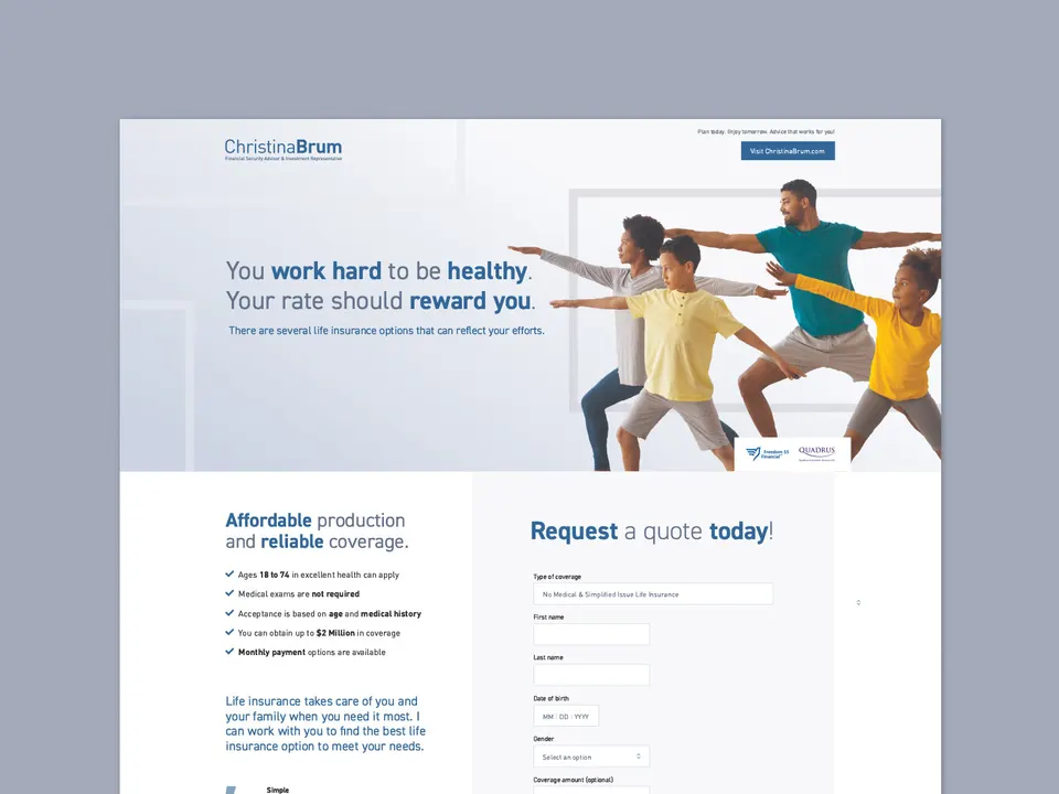 The life insurance landing page with its quote form