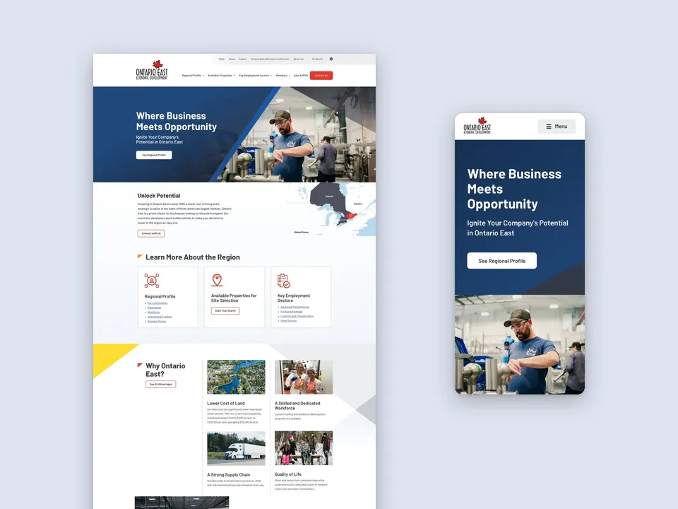 The homepage on desktop beside the phone layout